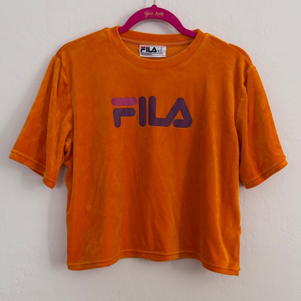 Fila Orange Velour Tee T Shirt size Medium crop boxy